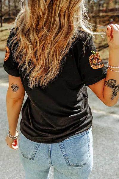 Sequin Pumpkin Round Neck Short Sleeve T-Shirt for Women - Selvanelle