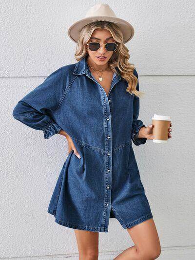 Button Up Flounce Sleeve Mini Denim Dress for Women - Selvanelle