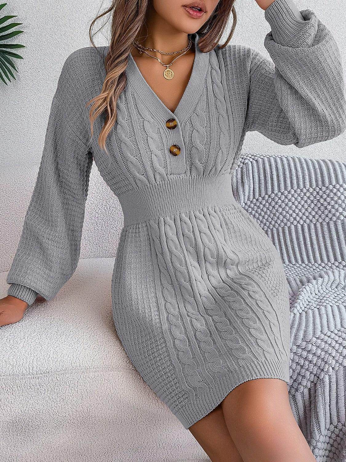 Buttoned Cable-Knit V-Neck Sweater Dress for Women - Selvanelle