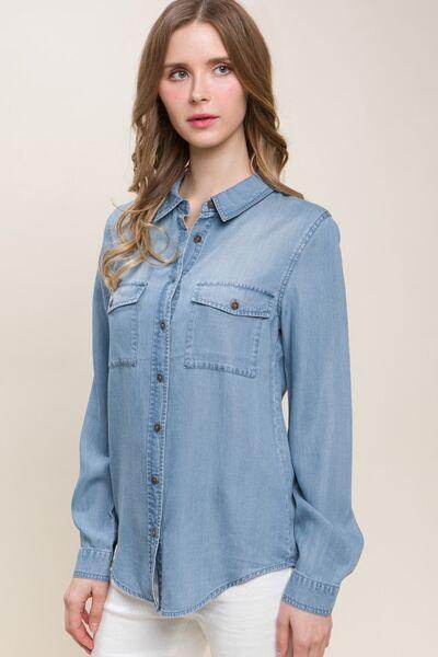 Love Tree Scooped Hem Button Up Denim Shirt for Women - Selvanelle