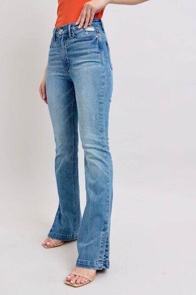Judy Blue HW Tummy Control Vintage Wash Side Slit Slim Boot Jeans - Selvanelle