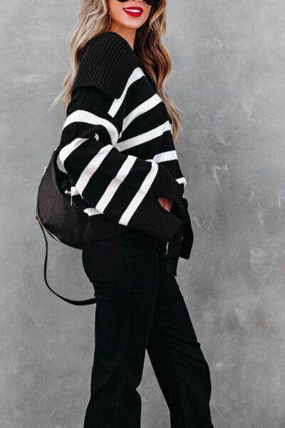 Striped Johnny Collar Long Sleeve Sweater for Women - Selvanelle