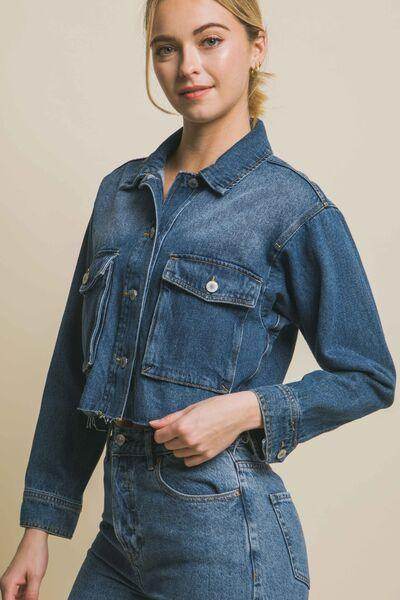Love Tree Raw Hem Button Up Cropped Denim Jacket for Women - Selvanelle