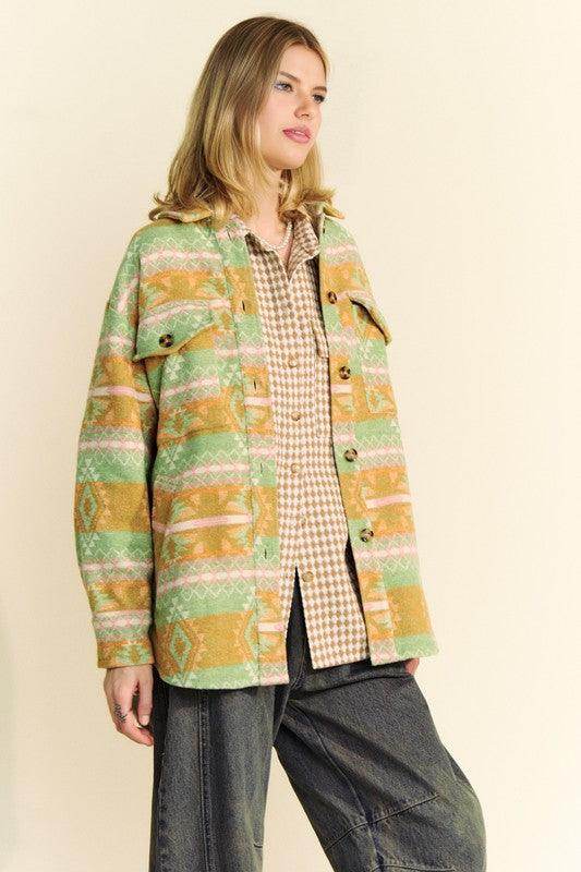 Davi & Dani High-Low Geometric Long Sleeve Shacket with Pockets - Selvanelle