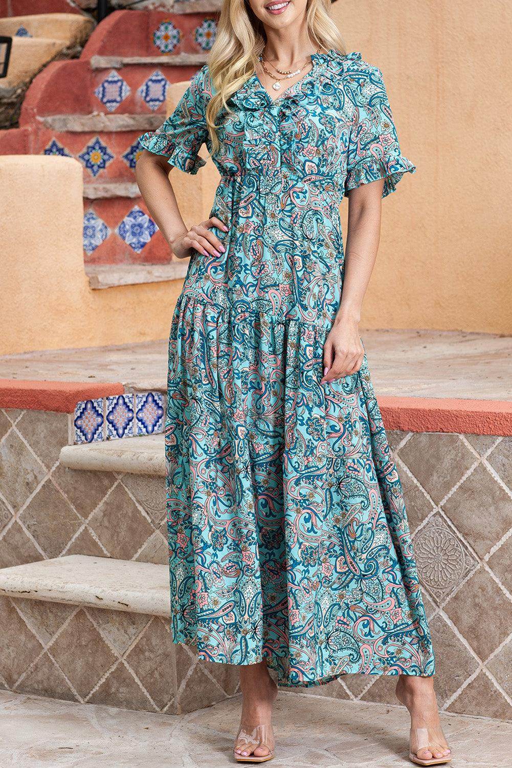 Paisley Print Flounce Sleeve Maxi Dress for Women - Selvanelle