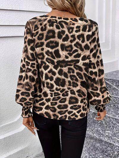 Leopard V-Neck Lantern Sleeve Blouse for Women Fashion - Selvanelle