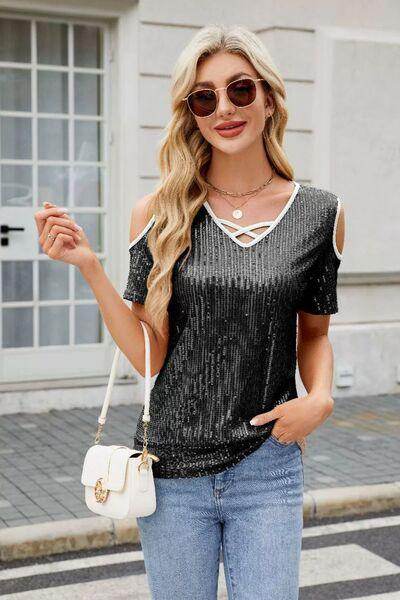 Sequin Crisscross V-Neck Cold Shoulder Blouse for Women - Selvanelle