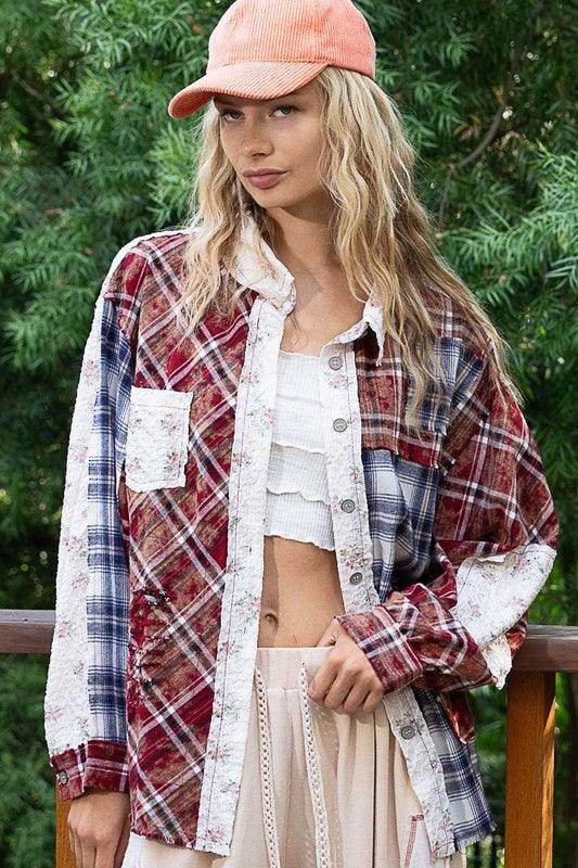 POL Patchwork Plaid Button Up Shirt for Stylish Outfits - Selvanelle