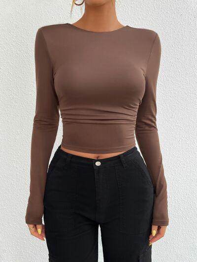 Devine Backless Round Neck Long Sleeve T-Shirt for Women - Selvanelle