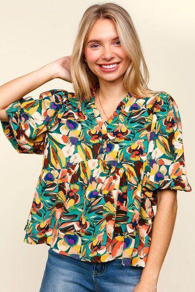 Haptics Full Size Frill Floral Puff Sleeve Peplum Blouse - Selvanelle