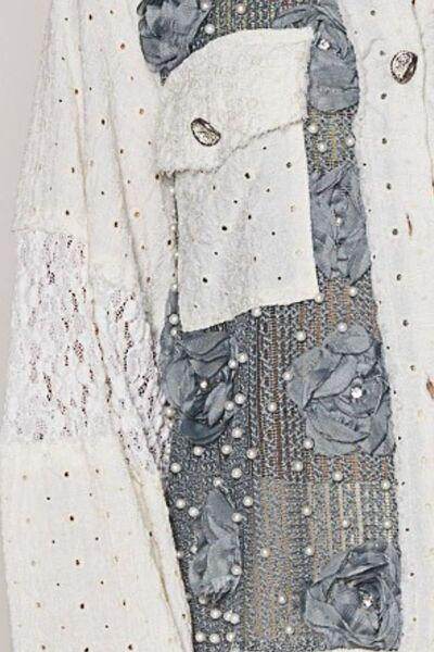 POL Eyelet Flower Pearl Detail Lace Patchwork Shirt for Elegance - Selvanelle