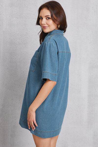 Stylish Pocketed Collared Neck Mini Denim Dress for Women - Selvanelle