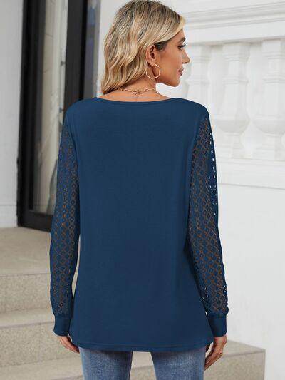 Cutout Round Neck Long Sleeve T-Shirt with Lace Detail - Selvanelle