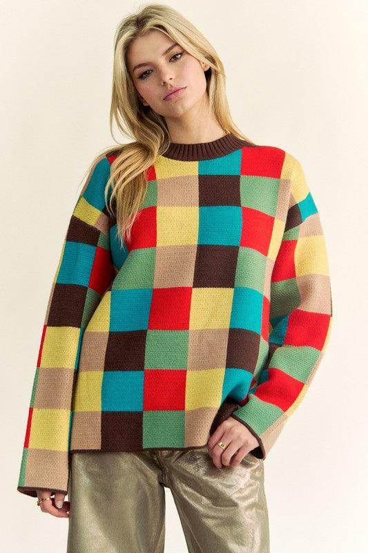 Davi & Dani Color Block Checkered Dropped Shoulder Sweater - Selvanelle