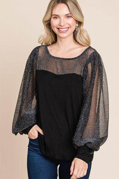 Super Lady Full Size Metallic Mesh Lantern Sleeve Blouse - Selvanelle