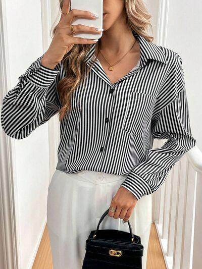 Cutout Bow Back Striped Collared Neck Long Sleeve Shirt - Selvanelle