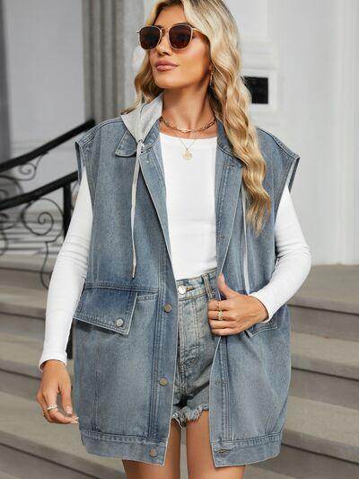Removable Hood Button Up Cap Sleeve Denim Jacket for Women - Selvanelle