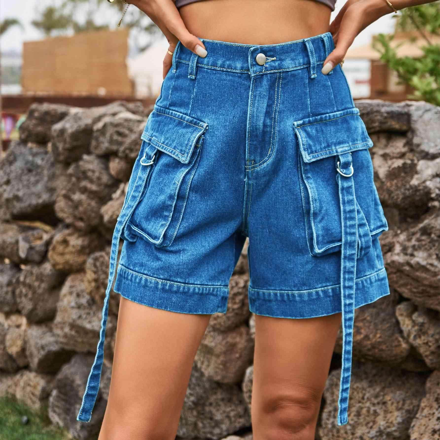 High Waist Denim Cargo Shorts for Casual Style and Comfort - Selvanelle