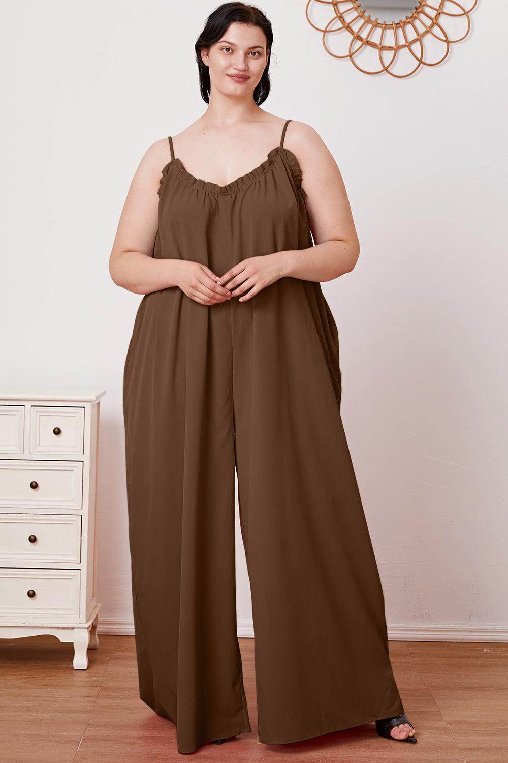 Double Take Full Size Ruffle Trim Tie Back Cami Jumpsuit - Selvanelle