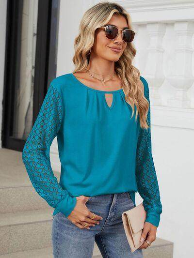 Cutout Round Neck Long Sleeve T-Shirt with Lace Detail - Selvanelle
