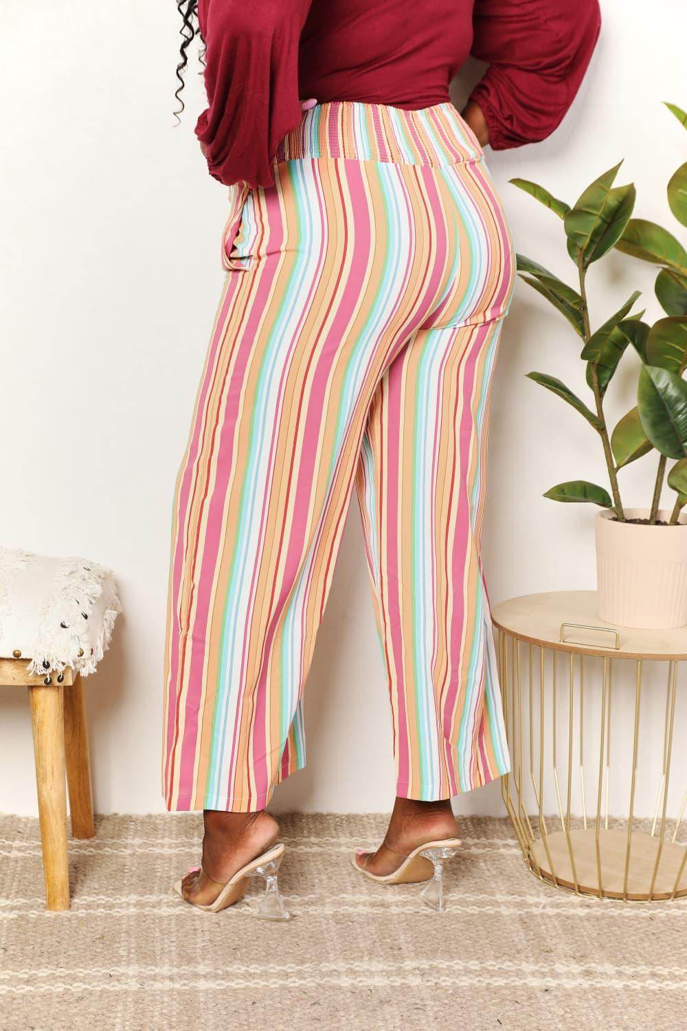 Double Take Striped Smocked Waist Pants with Pockets Stylish - Selvanelle