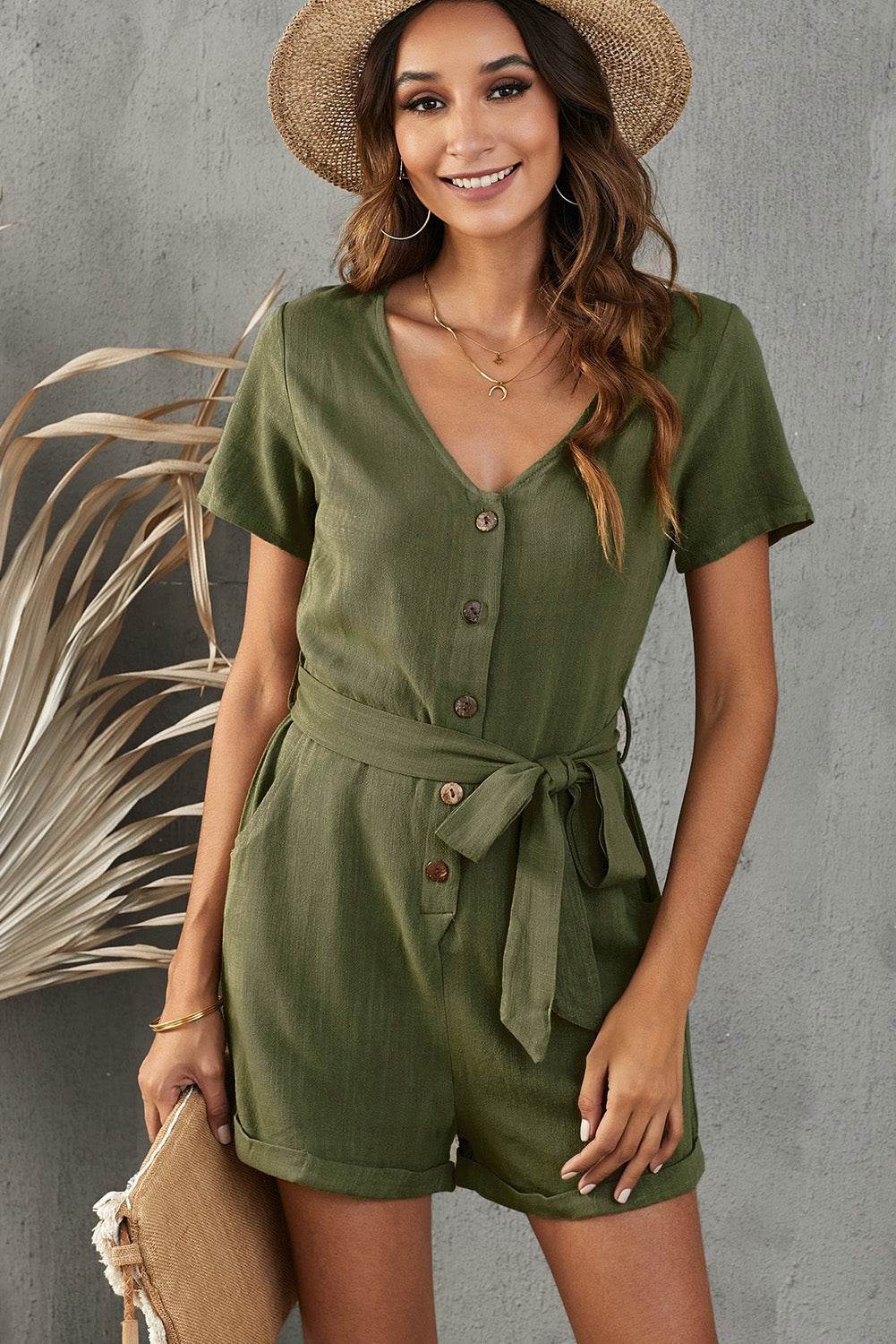 V-Neck Short Sleeve Tie Belt Romper with Pockets - Selvanelle