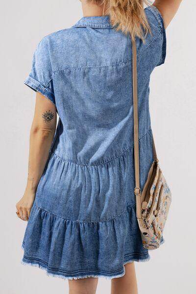 Raw Hem Collared Neck Short Sleeve Denim Dress for Women - Selvanelle