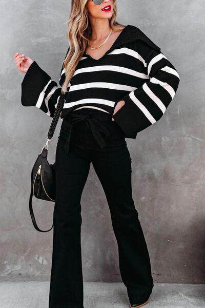 Striped Johnny Collar Long Sleeve Sweater for Women - Selvanelle