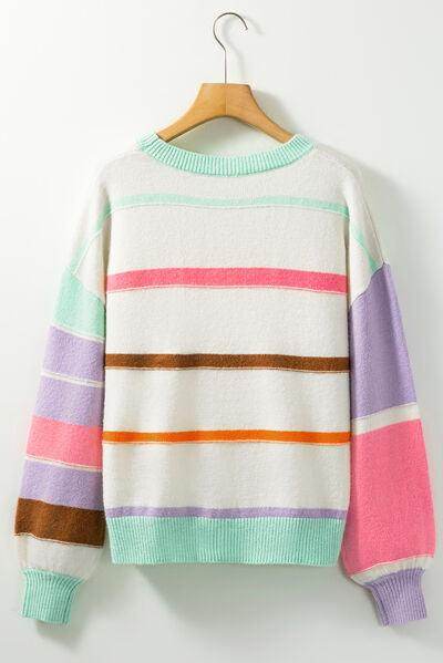 Contrast Striped Round Neck Drop Shoulder Sweater for Women - Selvanelle