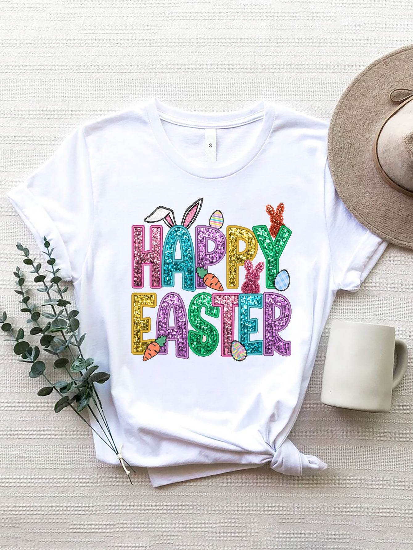 HAPPY EASTER Round Neck Short Sleeve T-Shirt - Selvanelle
