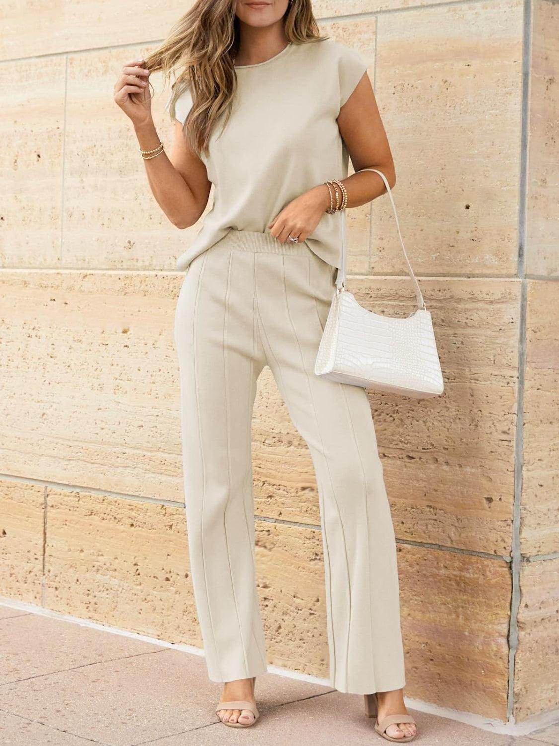 Round Neck Cap Sleeve Top and Pants Knit Set for Women - Selvanelle