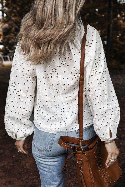 Eyelet V-Neck Long Sleeve Blouse for Stylish Comfort - Selvanelle