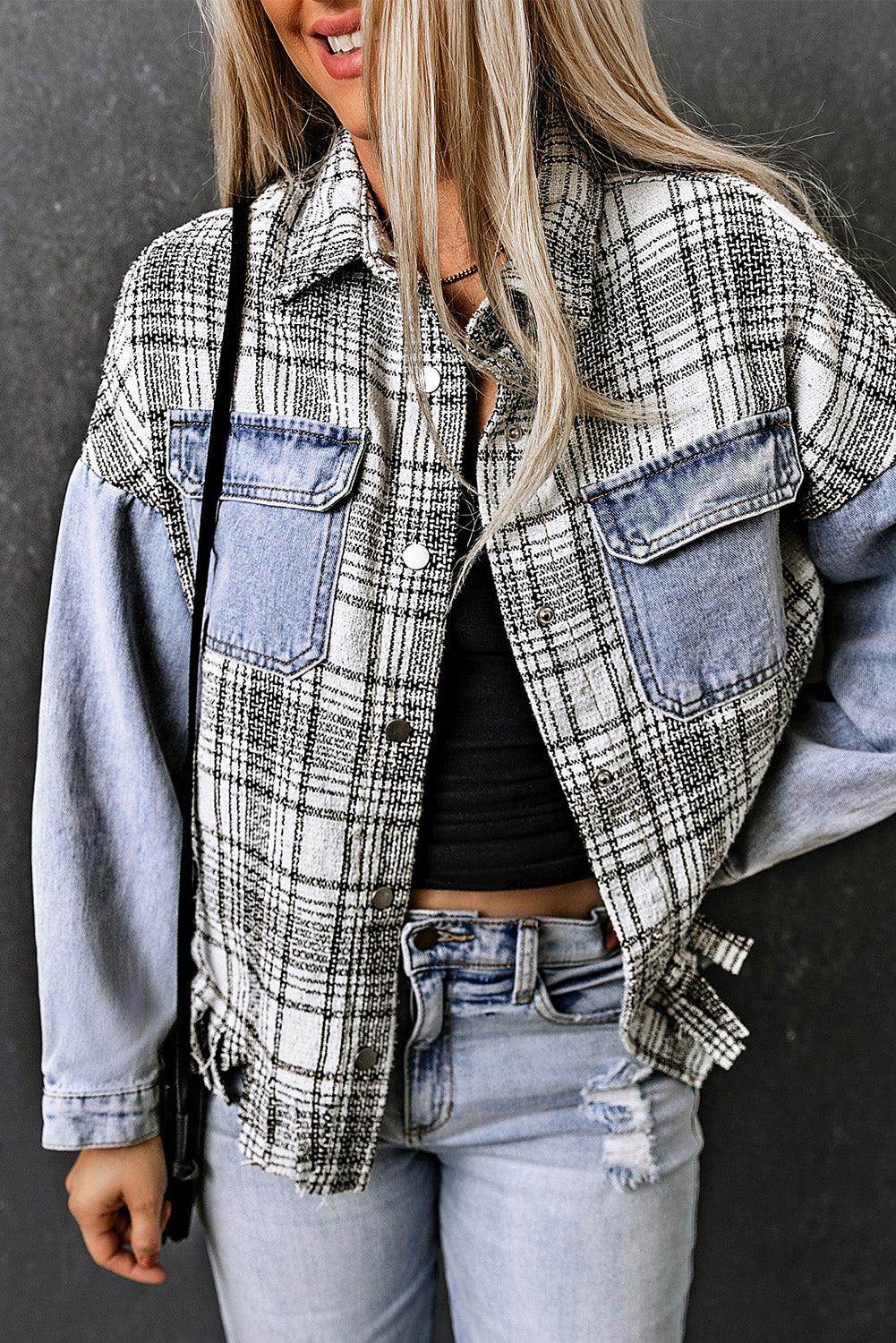 Plaid Pocketed Snap Down Denim Jacket for Stylish Comfort - Selvanelle