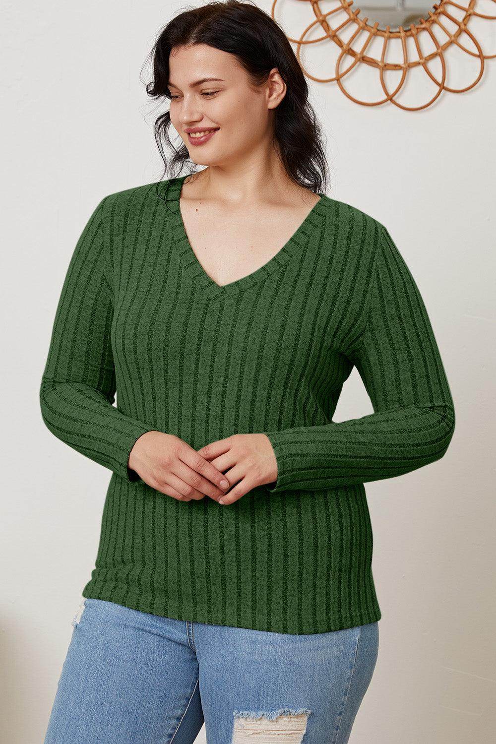 Basic Bae Full Size Ribbed V-Neck Long Sleeve T-Shirt - Selvanelle