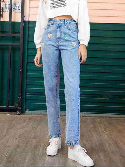 Heart Straight Leg Jeans with Pockets for Stylish Comfort - Selvanelle