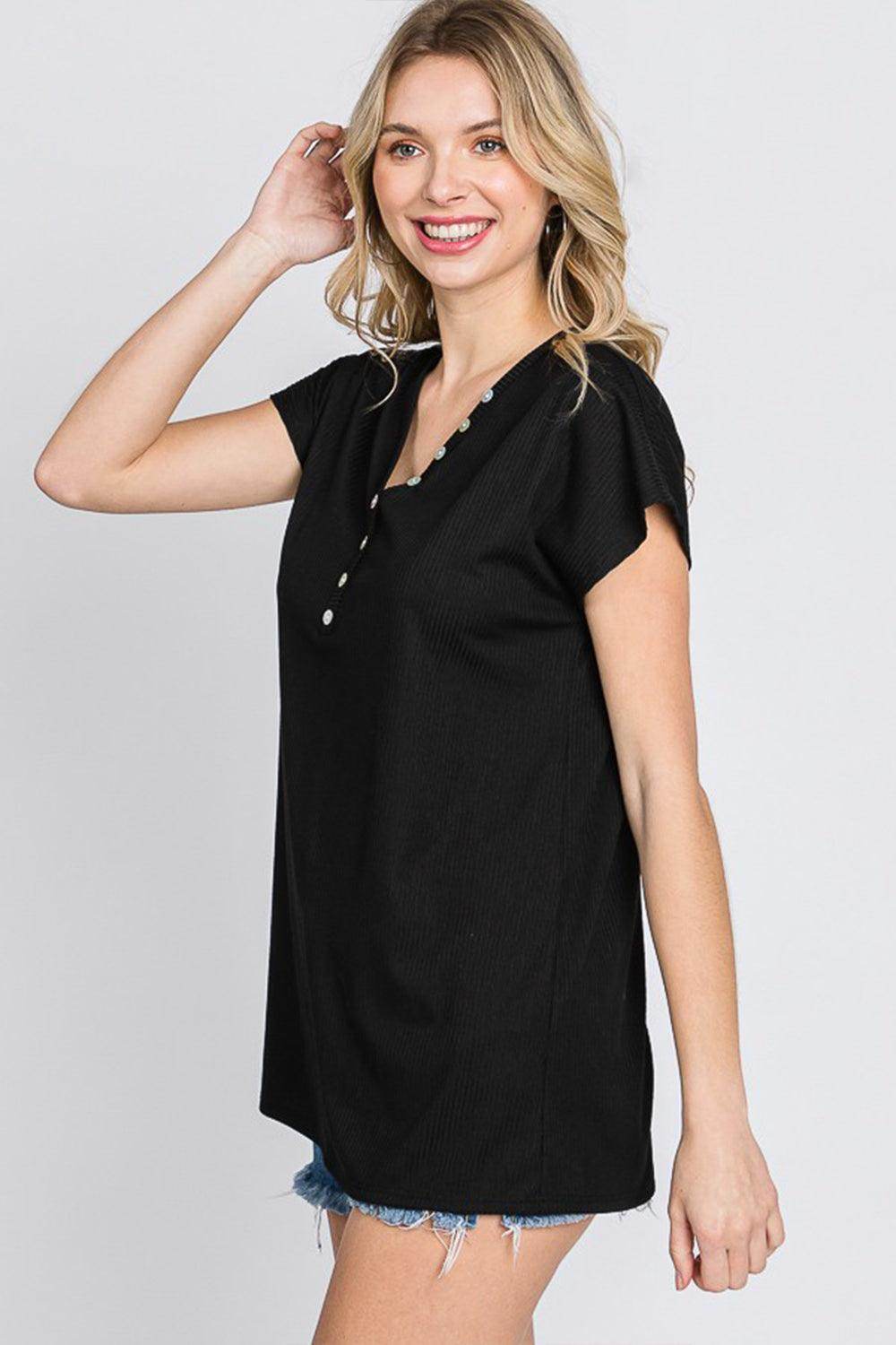 Heimish Full Size Front Button V-Neck Short Sleeve T-Shirt for Women - Selvanelle