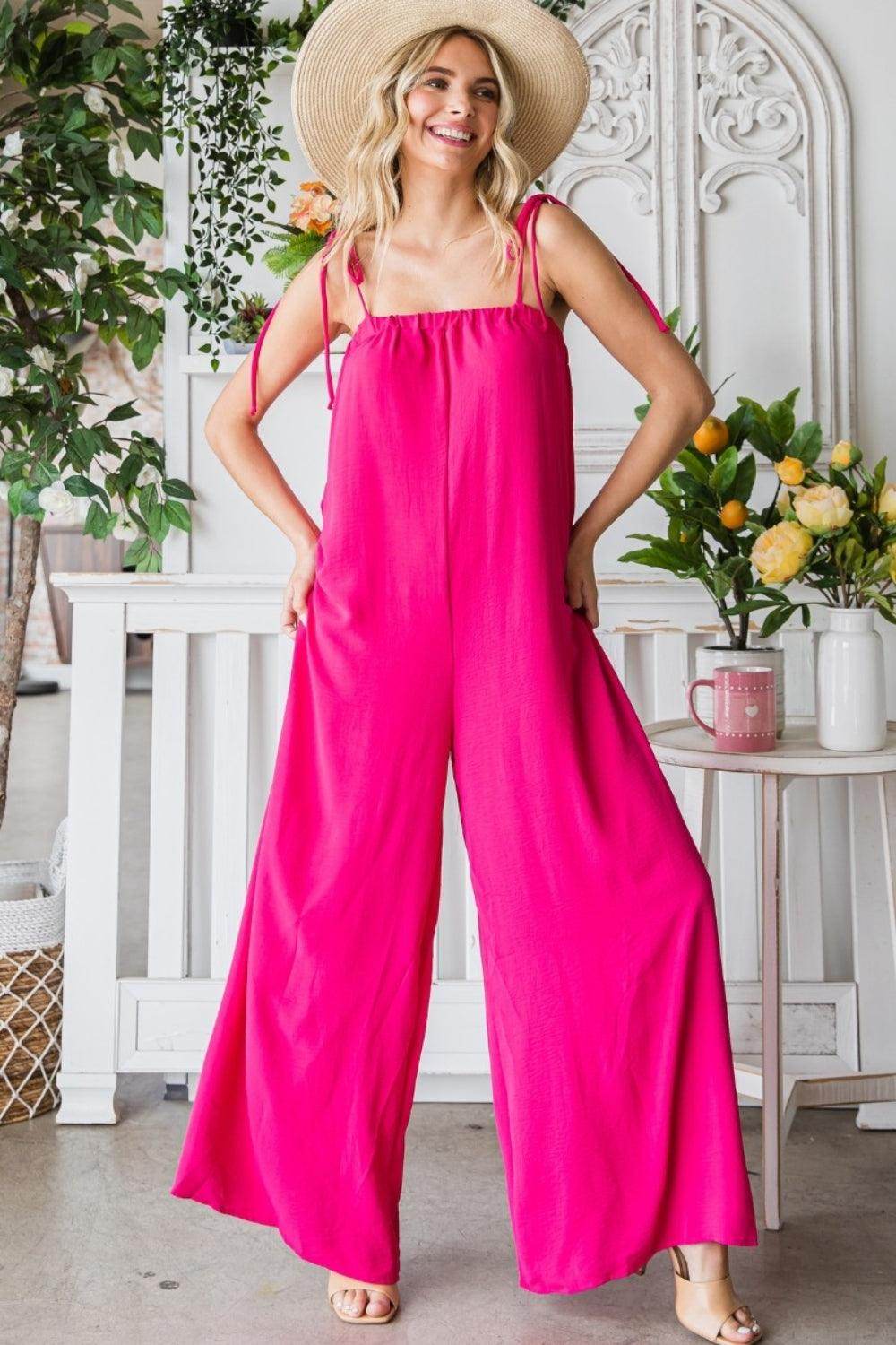 Veveret Pocketed Spaghetti Strap Wide Leg Jumpsuit for Women - Selvanelle