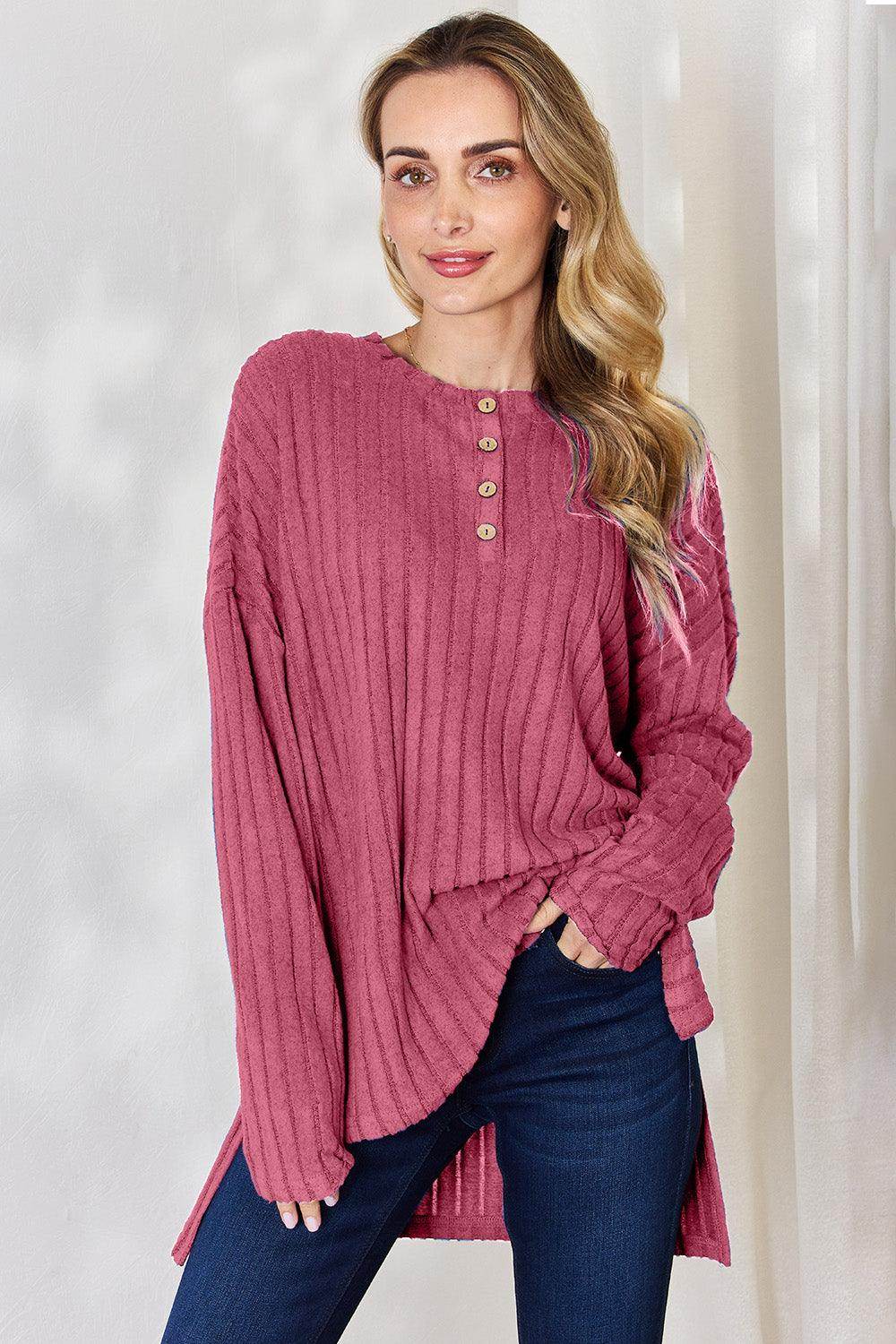 Basic Bae Full Size Ribbed Half Button Long Sleeve T-Shirt - Selvanelle