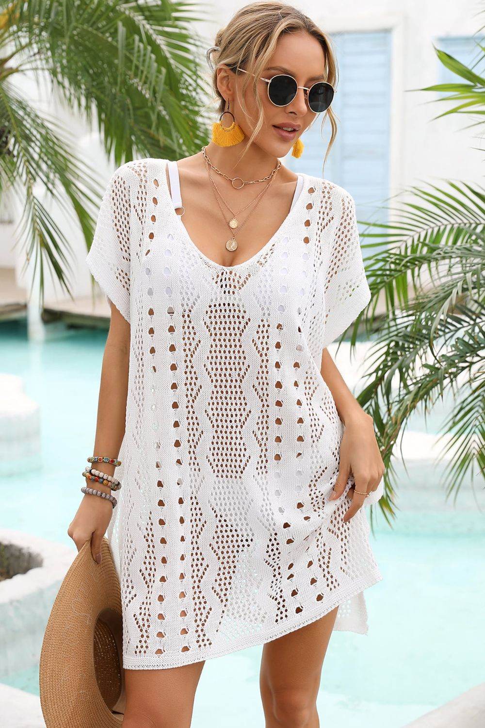 Angel Wings Openwork Plunge Dolman Sleeve Cover-Up Dress - Selvanelle