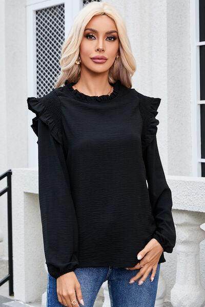 Frill Mock Neck Ruffled Balloon Sleeve Blouse for Women - Selvanelle
