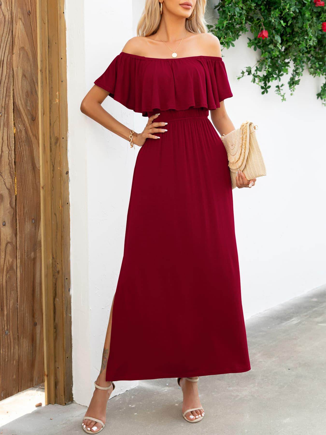 Off-Shoulder Slit Maxi Dress for Elegant Summer Style - Selvanelle