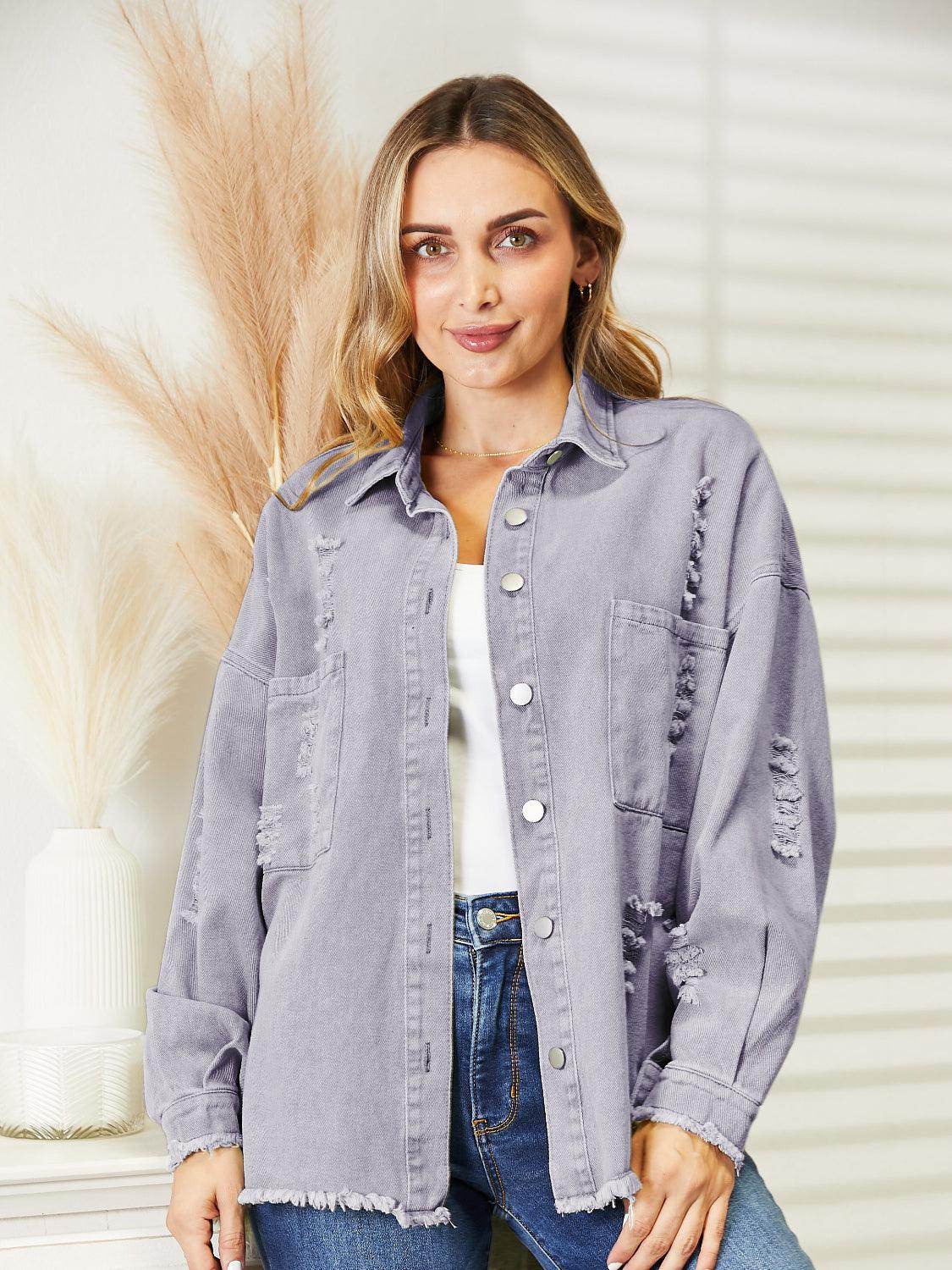 Distressed Raw Hem Denim Jacket for Relaxed Fit Style - Selvanelle