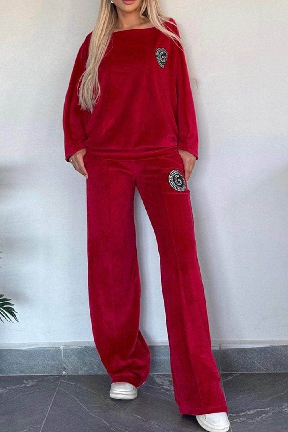 Full Size Boat Neck Long Sleeve Top and Pants Set Outfit - Selvanelle