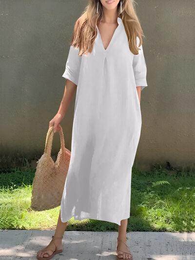 Full Size Notched Half Sleeve Midi Dress for Women - Selvanelle