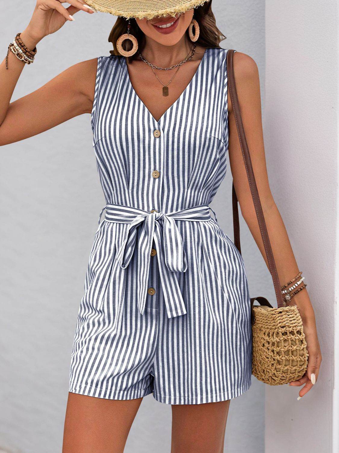 Perfee Striped V-Neck Tie Waist Romper - Selvanelle