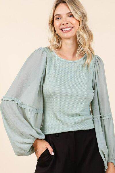 Mittoshop Mixed Media Textured Knit Chiffon Long Sleeve Top - Selvanelle