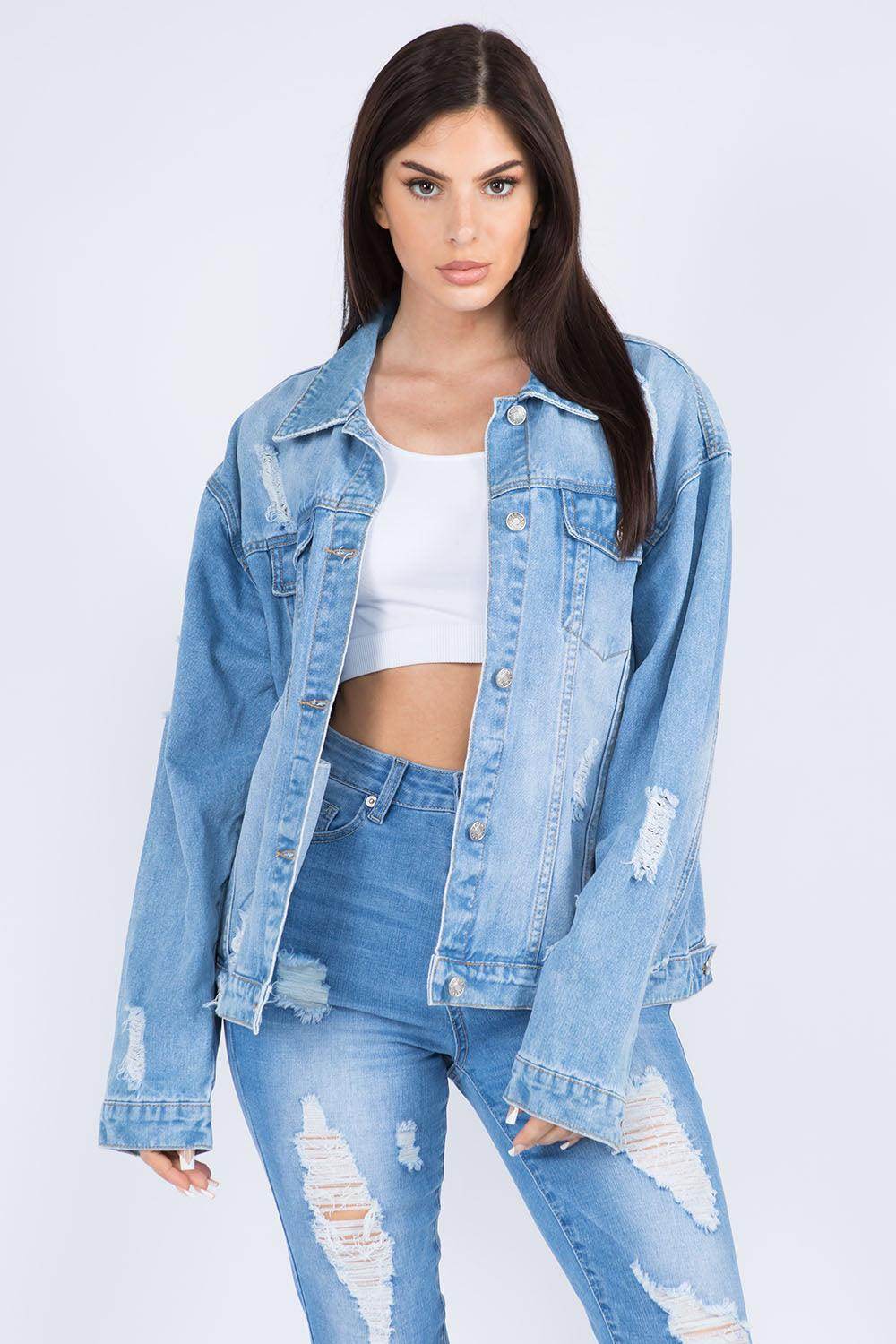 American Bazi Full Size Painted Back Distressed Denim Jacket - Selvanelle