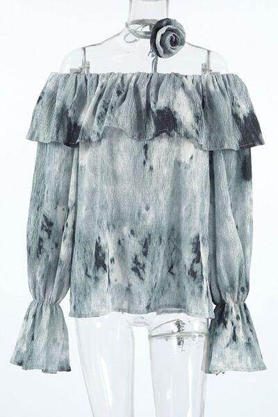 Printed Ruffled Off-Shoulder Blouse with Flower Neck Tie - Selvanelle