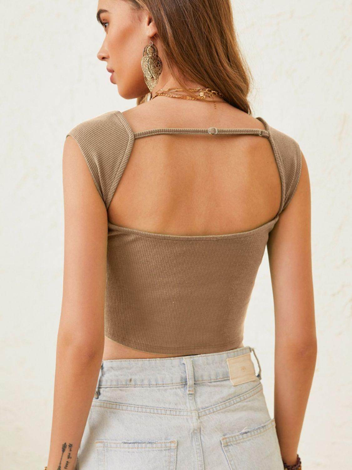 Cutout Cap Sleeve Crop Top for Fashionable Summer Style - Selvanelle