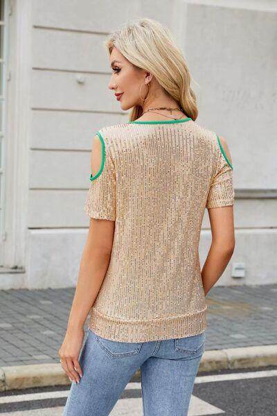 Sequin Crisscross V-Neck Cold Shoulder Blouse for Women - Selvanelle